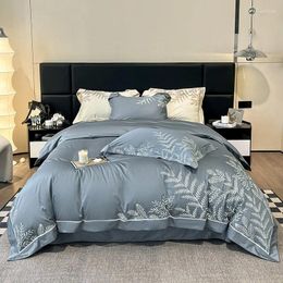 Bedding Sets Cotton Tree Branch Leaves Duvet Cover Set Blue Grey 4Pcs Soft Breathable Chic Embroidery 1Bed Sheet 2Pillowcases