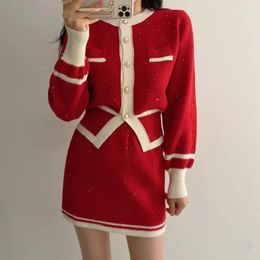 Work Dresses Two Piece Sets Outifits Retro Sequin Small Fragrant Style Knitted Cardigan Cropped Sweater Red Black Skirts Slim Skirt Set