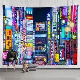 Tokyo Painting Metropolitan Nightlife Tapestry Japanese Wall Hanging Bedroom Home Decor Bohemian Decorative Hippie Printed Sheet 240321