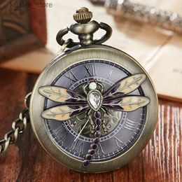 Pocket Watches Dragonfly Luxury Rhinestone Skeleton Mechanical Pocket with FOB Chain Steel Metal Clock Hand Winding Doctor Pendant L240402