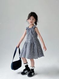 Girl Dresses 2024 Styles Girls Plaid Vest Dress Sleeveless Summer Fashion Kids Clothes 4-9 Years