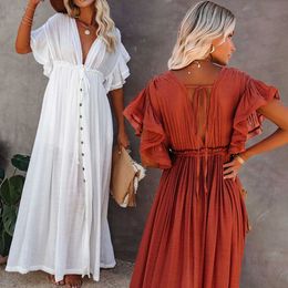 Vestidos casuais básicos de biquíni sexy encobrimentos longos de túnica branca casual vestido de praia elegante feminino roupas de praia usam traje de natação vestidos y240515