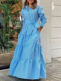 Plus Size 5XL VONDA Women Plaid Long Dress Printed Bohemian Sleeve Casual Vestidos Button Belted Pockets Sundress 240326