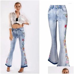Women'S Jeans Womens Ladies High Waist Flare Embroidered Blue Women Streetwear Skinny Vintage Female Y Fashion Drop Delivery Apparel Dhix6