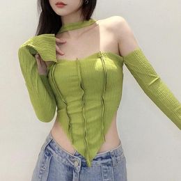 Women's T Shirts Solid Color Slim Halter Fashion Irregular Crop Tops Korean Sleeveless Ribbed Knit Vest Feminino 2024 Women Streetwear Tanks
