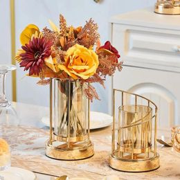 Vases Nordic Golden Metal Candle Holder Multifunctional Glass Flower Vase Dining Table Living Room Decoration Accessories Home