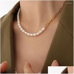 Chains 18K Gold Plated Stainless Steel Half Paperclip Chain With Fresh Water Pearl Combined Necklace Drop Delivery Dhcpi