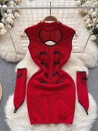 Casual Dresses Christmas Atmosphere Sweet Party Sexy Club Women Wrapped Hip Short Dress Spring Summer Red Patchwork Hollow Out Bow