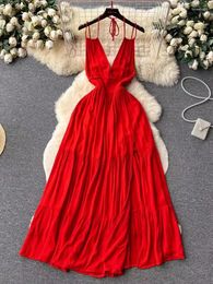Casual Dresses Red Sexy Party Dress Women Sleeveless Neck Hanging Elegant Beach Summer Backless High Waisted Long Robe Vestidos