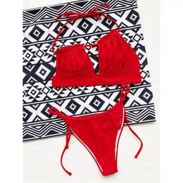 Women's Swimwear Wrinkled Halter Bikini Female Swimsuit Women Two-pieces Set High Leg Cut Bather Bathing Suit Swim Lady K3308