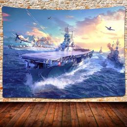 Tapestries Aircraft Carrier Warship Tapestry World War II Military Theme Army Fan Wall Hanging Mount For Bedroom Living Room Dorm