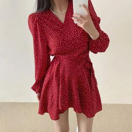 Casual Dresses Spring Chiffon Women Dot V-neck Puff Long Sleeve Lace Up Slim Waist One Piece Mini Dress Korean Fashion Vestidos