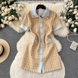 Party Dresses France Fashion Autumn Yellow Plaid Tweed Dress High Qualtiy Women Beaded Lapel Single Breasted Short Sleeve Woollen A Line