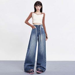 Gewaschene Kordelstring hohe taillierte lose Beinjeans 2024 Neue Frühling Draping bodenlange gerade Beinhosen