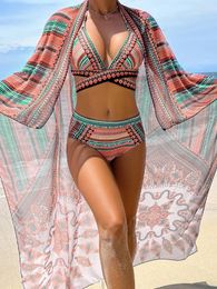 Women's Swimwear Sexy Cross Bikini Swimsuit 2024 Trend Deep V-neck High Waist Split Women Printed Bath Suits With Large Cover Up Shirt