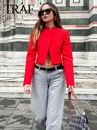 TRAF Elegant Women Red Lapel Short Jacket Vintage Long Sleeve Snapbutton Female Outerwear Chic Tops Suit 240401