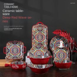 Dinnerware Sets Bohemian Style Deep Red Wave Ceramic Tableware Exotic Underglaze Colour Plate Handle Rice Bowl Tree Pattern Soup