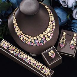 Zlxgirl Jewellery Fashion Dubai Gold plated Colourful CZ zircon bridal set necklace bracelet earring ring four pc free bag 240401