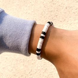 Strand KunJoe Fashion White/Black Flat Polymer Clay Short Bracelet For Men Women Jewellery Punk Beaded Chain Bangles Aaccessories