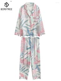 Home Clothing Birdtree Mulberry Silk Pyjama Set Women's French Lapel Long Sleeve Pants Comfortable Soft Print Wear Autumn S3D556QD