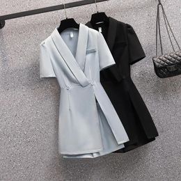 Women's Tracksuits Summer Two-piece Set For Women Mini Suit Collar Dress Tops And Shorts Female Large Size Blue Black Elegant Office