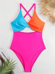 Women's Swimwear Twist Bikini Cross Bandage Backless High Waist Cut Out Patchwork Swimsuit Y2K Monokini Women Beach Bathing Suit Bikinis