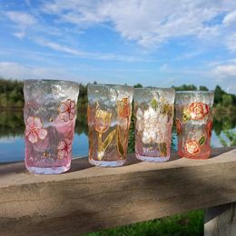 Wine Glasses Japanese Hand Painting Glass Coffee Cup Floral Pattern Water Tea Drinkware Milk Juice Mugs Whiskey Gift