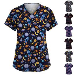 Women's T Shirts Fashion V-neck Short Sleeved T-Shirt Casual Workwear With Pockets Printed Tops Slim-Type Simple Shirt Ropa De Mujer