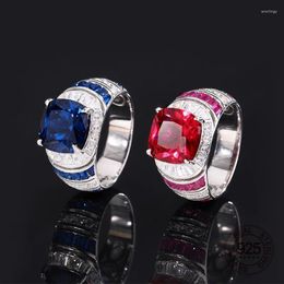 Cluster Rings Luxury Gemstone Jewelry 925 Sterling Silver Red Ruby Blue Sapphire Cubic Zircon Finger Ring