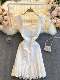 Casual Dresses 2024 Summer White Lace Dress Women Elegant V-neck Hollow Embroidery Ruffle Short Ladies Slim Bodycon Beach