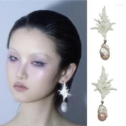 Dangle Earrings Bone Conch Blood Sea Theme Drop Pearl Pendant Ear Studs Decor