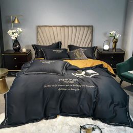 Bedding Sets 2024 60 Long Velvet Embroidery Striped Color Matching Four-piece Set Of Pure Cotton Luxury Can Be Customized Dark Gray