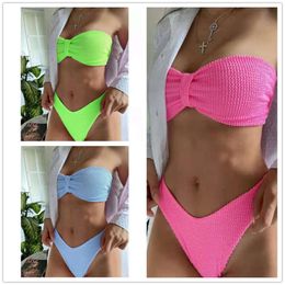2024 New Solid Color Pit Stripe Cloth Sexy Backless Bra Bikini Swimsuit Womens Swimsuit