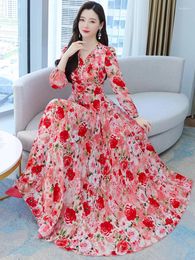 Casual Dresses 2024 Beach Floral Chiffon Midi Dress Women Luxury Elegant Spring Summer Korean Fashion Bodycon Party Evening Long