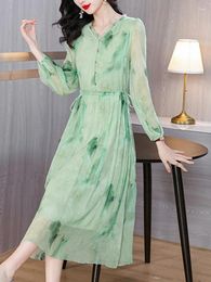 Casual Dresses Green Women V-Neck Silk Boho Floral Dress 2024 Spring Summer Midi Long Sleeve Prom Elegant Beach Festa Luxo Vestido