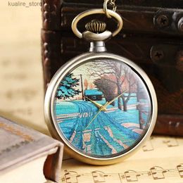 Pocket Watches Retro Bronze Mens Women Transparent Pocket Unique Art Pattern Open Face Quart Unisex Simple Design Necklace L240402