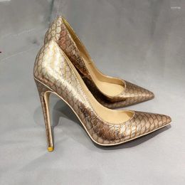 Dress Shoes Shiny Gold Snakeskin Leather 8cm Heels Pointy Toe Slip On Zapatos Ladies Night Club Women Pumps Size 33-45