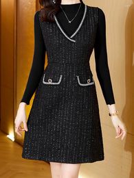 Casual Dresses EVNISI Women Sweater Vest Dress Two-Piece Set Chic Slim Office A-line Tweed Party Vestido For 2024 Autumn Winter