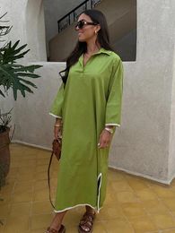 Casual Dresses Cuff Embroidery Split Dress Women Oversized Loose Long Sleeves Lapel Shirt 2024 Spring Summer Green Lady Street Vestidos
