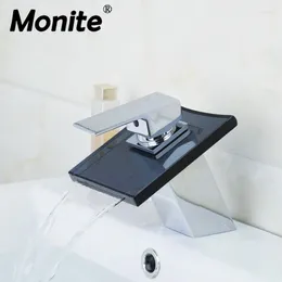 Bathroom Sink Faucets Monite Waterfall Black Glass Chrome Brass Deck Mounted Single Handle Wash Basin Vessel Vanity Faucet Mixer Tap