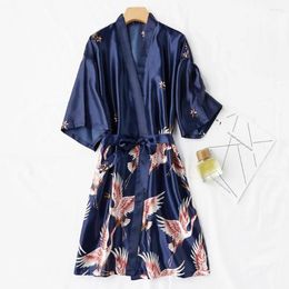 Home Clothing Women Pajamas Elegant Ice Silk Bird Print Women's Bathrobe With Lace-up V Neck Soft Cardigan Nightgown Bride Morning For A