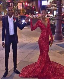 2k16 Red Sexy Bling Red Sequined Mermaid Prom Dresses African Black Girl Long Sleeves V Neck Special Occasion Prom Gowns Evening V3976084