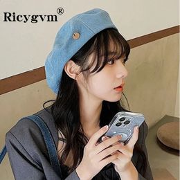 RICYGVM Korean Women Berets Vintage Denim Colour Octagonal Cap French Cowboy Artist Painter Hat Fashion Girl Beanies Bonnet 240326