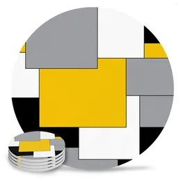 Table Mats Yellow Grey Patchwork Abstract Art Mediaeval Style Ceramic Set Coffee Tea Cup Coasters Kitchen Accessories Round Placemat