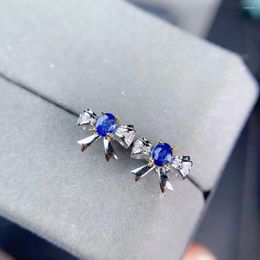 Stud Earrings 925 Sterling Silver Sapphire Blue Gem Sri Lanka Bow