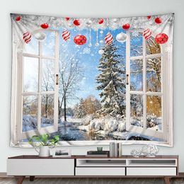 Tapestries Winter Landscape Tapestry White Window Forest Cedar Trees Xmas Balls Year Christmas Wall Hanging Home Living Room Bed Decor