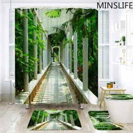 Shower Curtains Waterproof 3D Green Trees Corridor Printed Bath Sets Pedestal Rug Toilet Cover Mat Set For Bathroom Decor