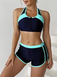 2024 Sport Sets Zipper Swimwear Female Two Pieces Shorts Summer Solid Swimsuit Women Beach Wear Swimming Suits Beachwear 240322