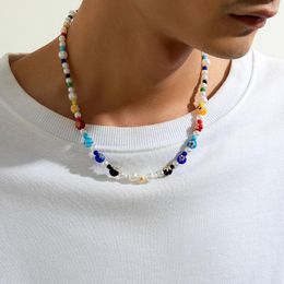 Choker Imitation Pearl And Colorful Beads Short Necklace For Men Trendy Beaded Chains On Neck 2024 Fashion Jewelry Accessories