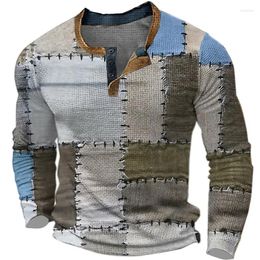 Men's Casual Shirts Color Block Patchwork Henley 3D Printed Clothing Vintage Button-Down Long Sleeve T Shirt Tees Tops